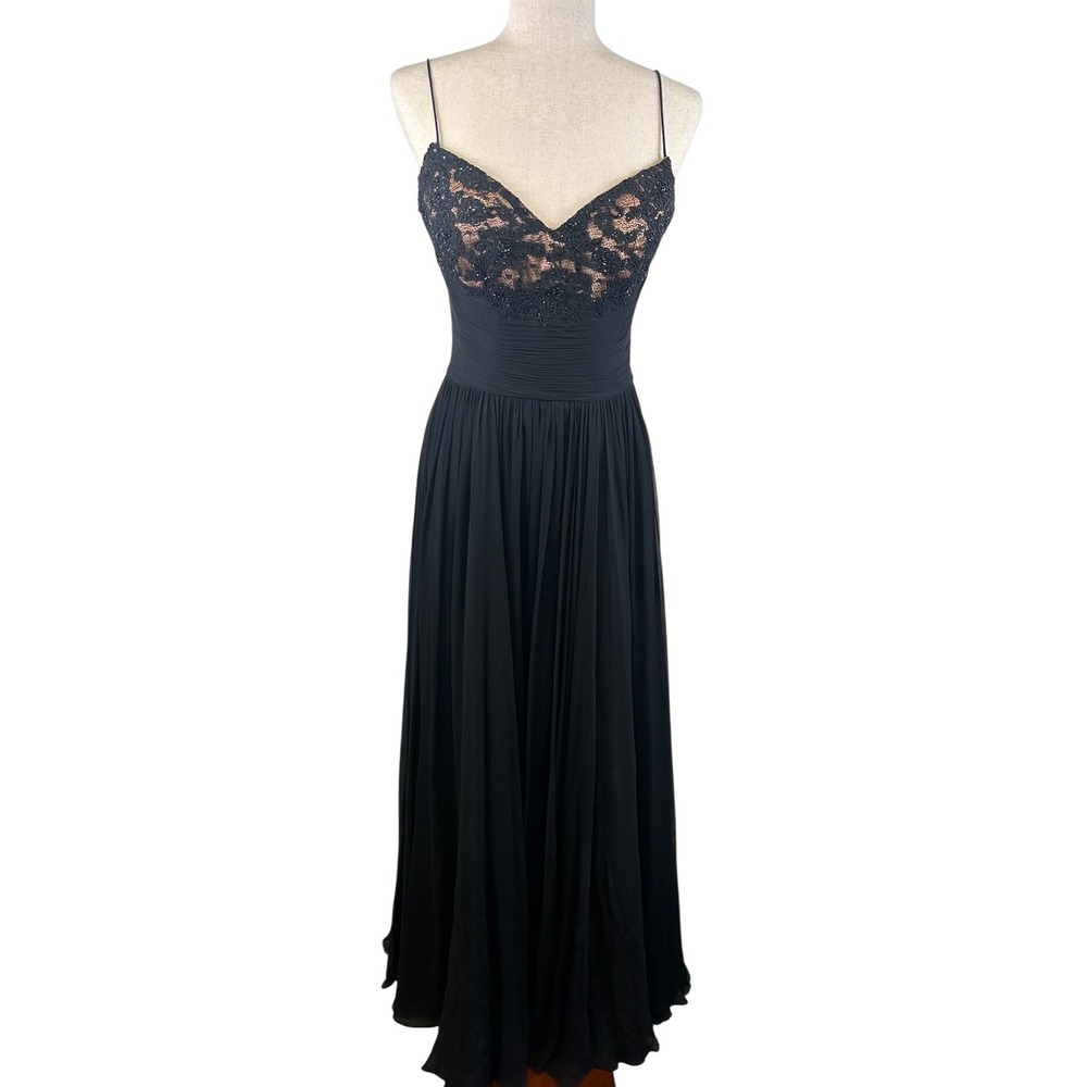 Vintage Jovani New York Black Beaded Lace Silk Chiffon‎ Maxi Formal Dress Size 6